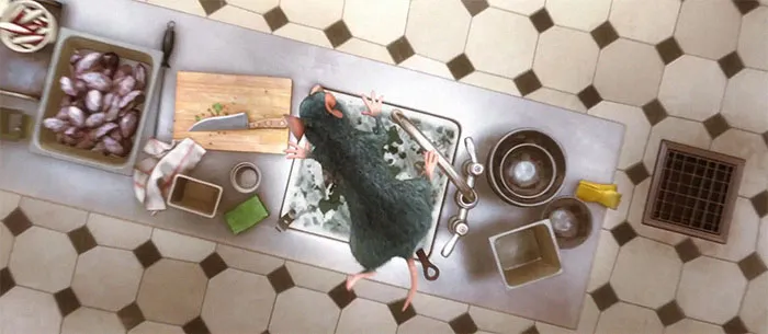 The First Thing Remy Does When He Enters The Kitchen Is Falls Into A Sink Full Of Soap And Water So He Doens't Contaminate Any Food He Touches Later In The Scene