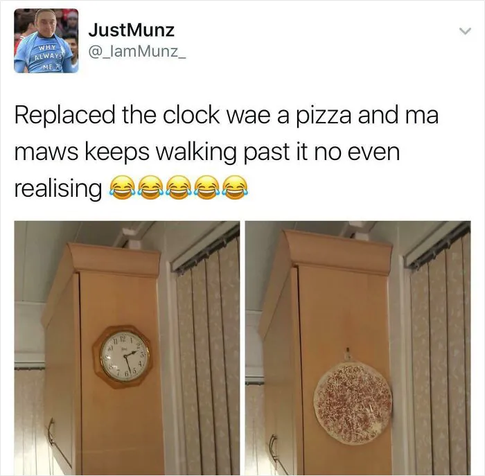 Scottish humor tweet shows a clock replaced with a pizza, creating a funny scene.