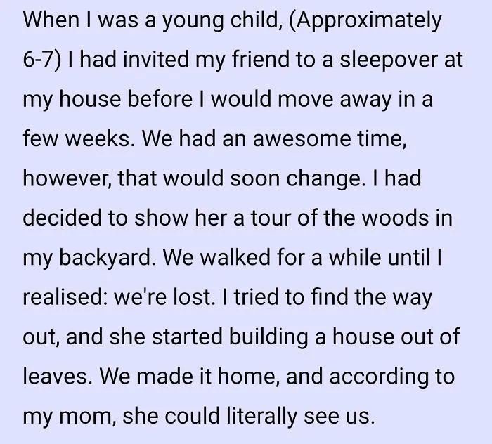 Text story about kids lost in the woods building a leaf house, illustrating kids are not born smart in a funny way.