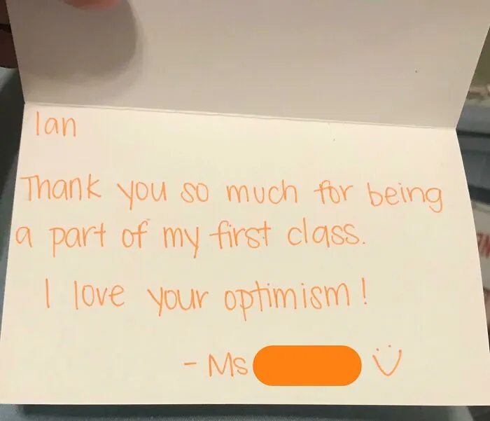 Handwritten thank you note from a teacher to a student showing kids are not born smart with charming optimism.