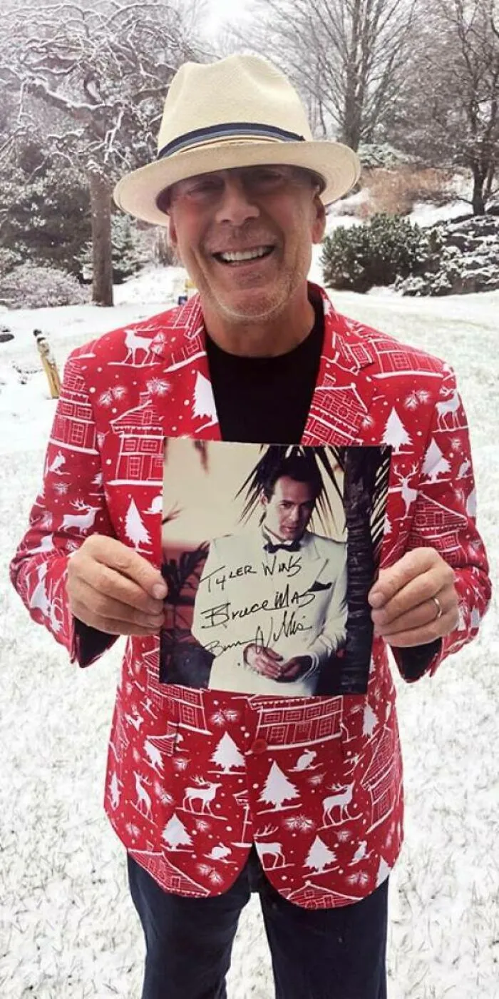 My Friend And I Replaced Christmas With Brucemas, Where We Exchange Bruce Willis Themed Gifts Each Year. I Win Forever. (And Yes It's Real)