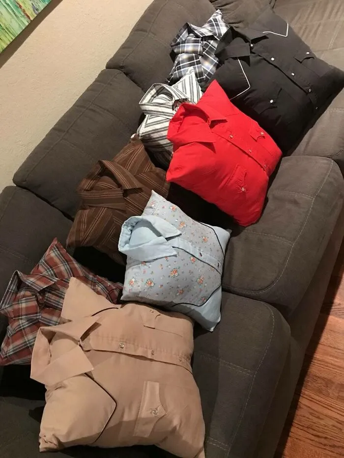 Pillows Made From A Grandpa's Old Shirts For The Family’s Christmas Gifts. The Grandpa Passed Away Earlier This Year