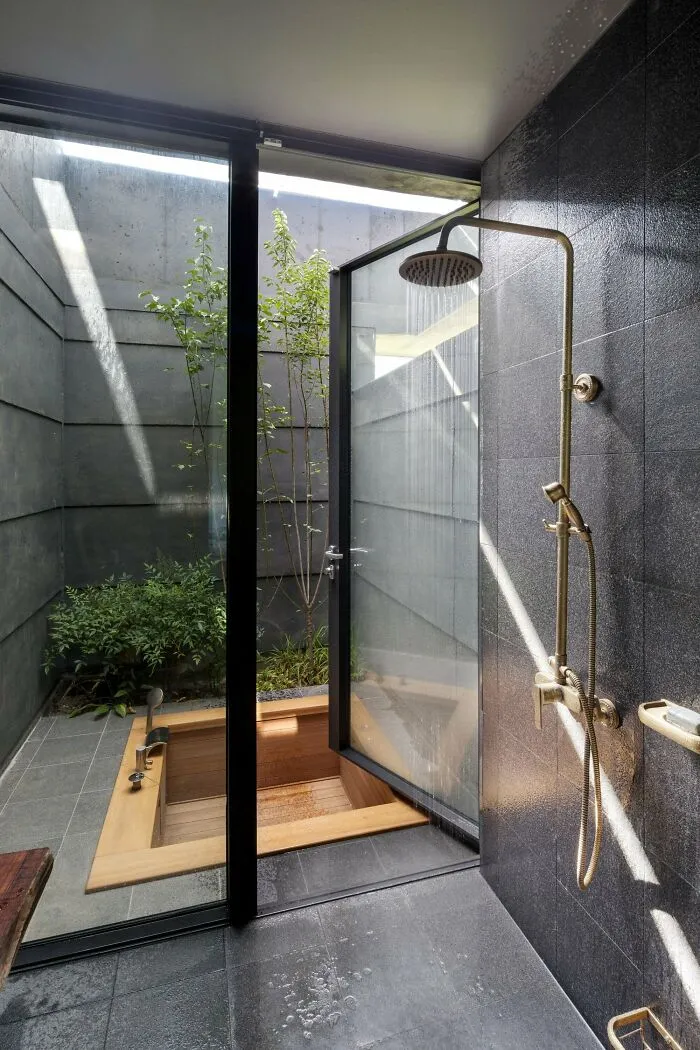 Sunken Wood Bath In A Tiny Secluded Courtyard With Some Greenery, Yangpyeong County, Gyeonggi Province, South Korea