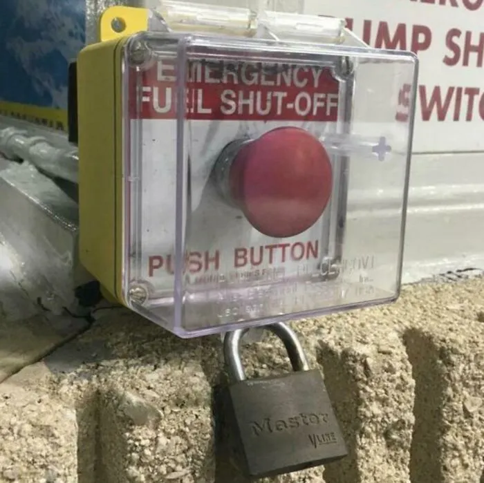 "Oh Yes Lets Lock The Emergency Stop Button"