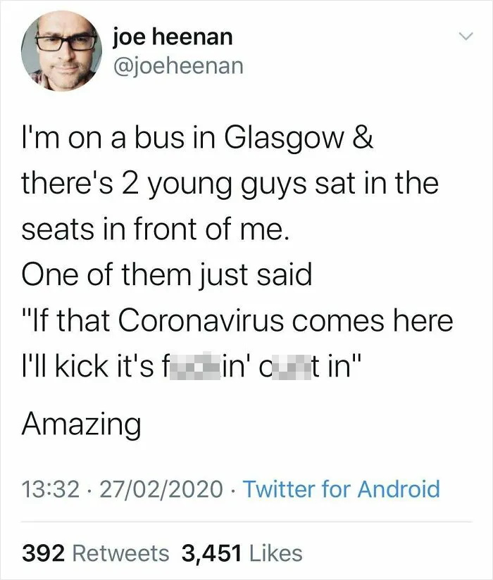 Tweet by Scottish user about a humorous encounter on a bus related to the coronavirus.