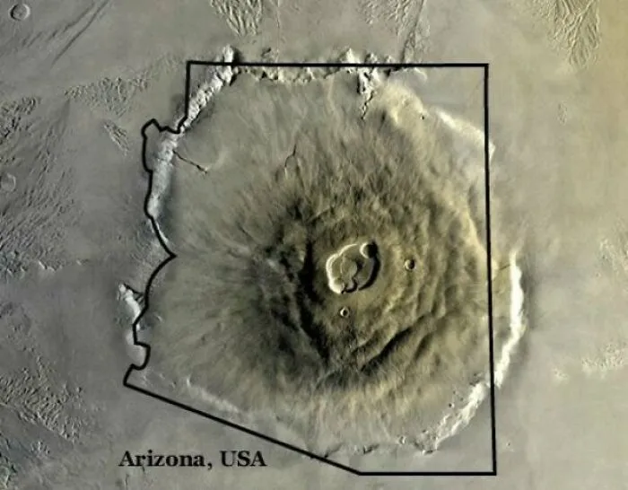 Olympus Mons On Mars, The Largest Volcano In Our Solar System, Compared To Arizona