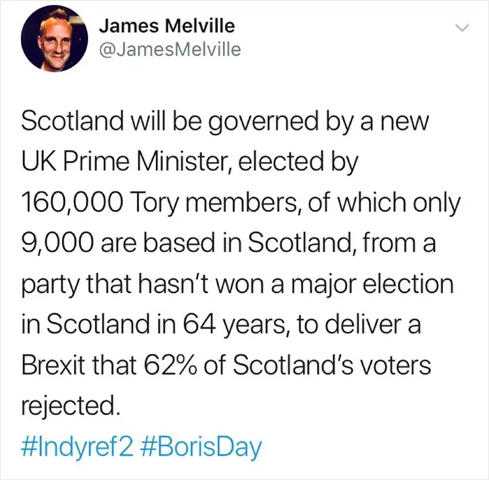 Tweet by James Melville on Scottish politics and humor, referencing Brexit and UK elections.