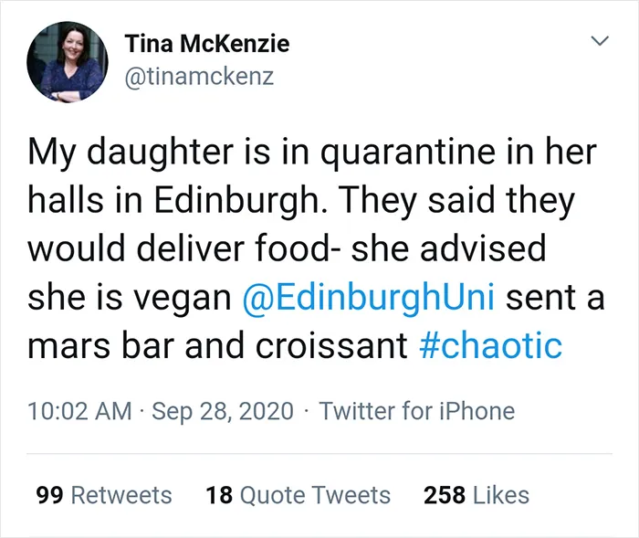 Tweet by Scottish person joking about vegan food delivery mix-up during quarantine in Edinburgh.