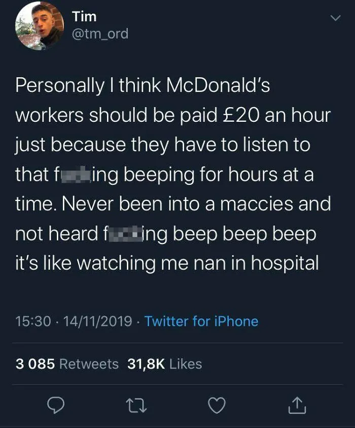 Screenshot of a tweet humorously comparing McDonald's beeping to hospital sounds, highlighting Scottish humor.