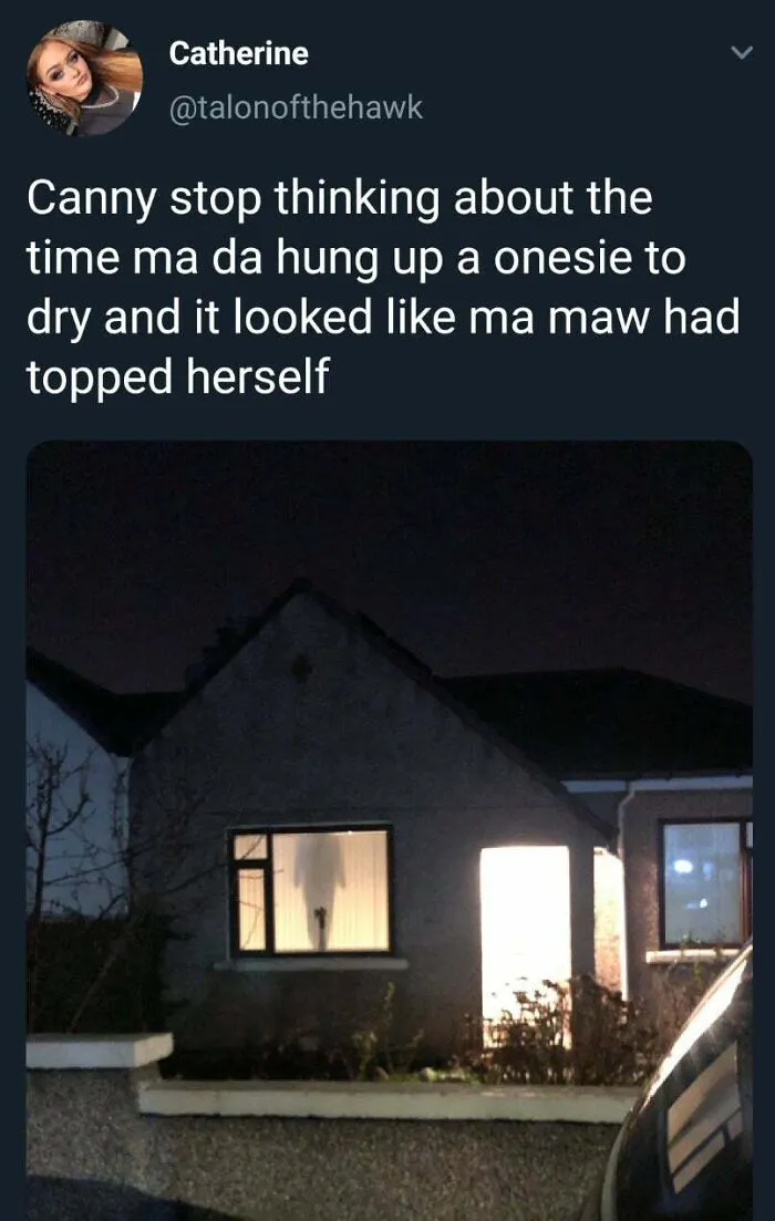 Scottish humor tweet about a onesie drying, resembling a ghostly figure in a window.