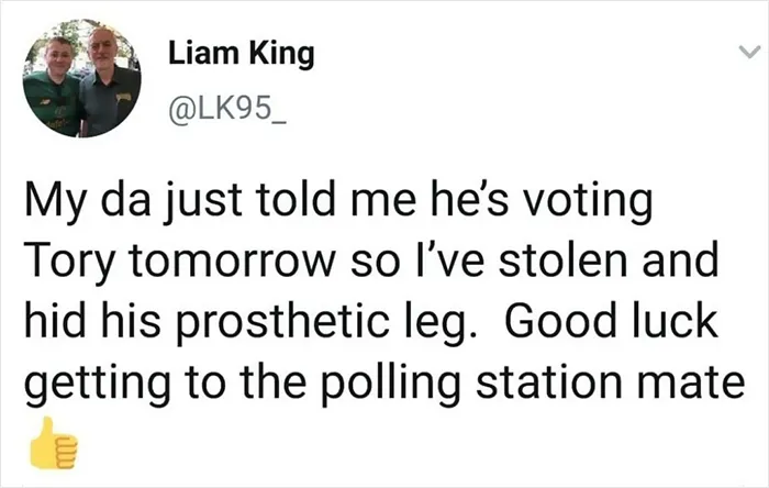 Tweet showing Scottish humor about hiding a prosthetic leg to influence a Tory vote.