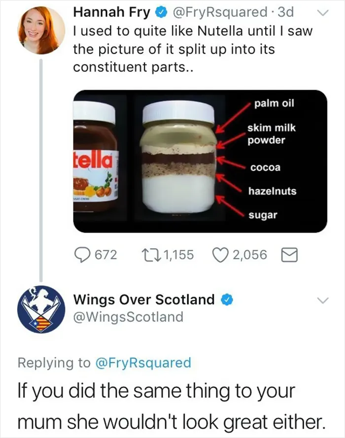Scottish humor tweet about Nutella ingredients and humor about moms.
