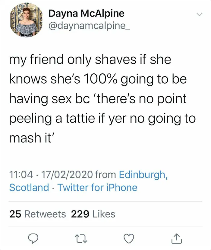 Tweet showcasing Scottish humor about shaving for certain occasions.