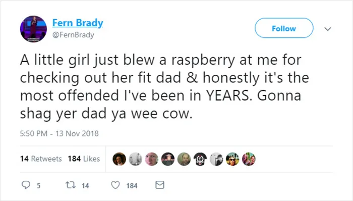 Tweet by a Scottish person sharing a humorous story about a little girl and her dad.