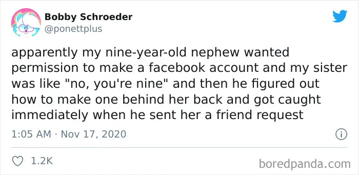 Tweet about a nine-year-old nephew cleverly sneaking a Facebook account, illustrating kids are not born smart humor.