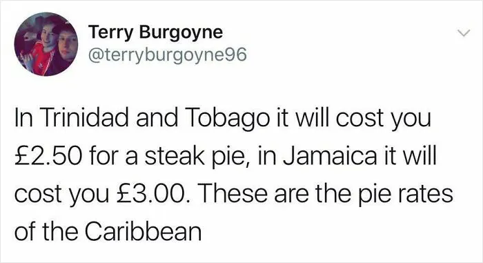 Tweet by Terry Burgoyne humorously discussing the "pie rates of the Caribbean."