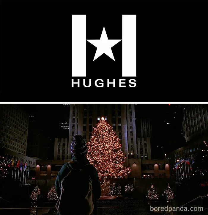 In Home Alone 2 (1992) When We First See Kevin At The Rockefeller Center Tree The Camera Pans Up To Show It In Its Entirety. Every Light On The Building Behind The Tree Are Off Except For Two. The Lights That Are On Combined With The Star On Top Of The Tree Mirror The Hughes Entertainment Logo