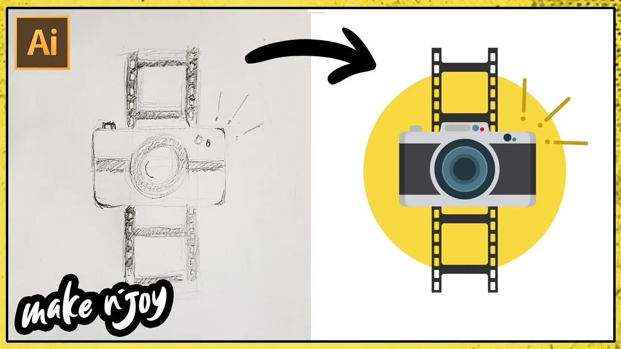 Flat Camera Design - Rough Sketch On Paper And Vector In Adobe Illustrator