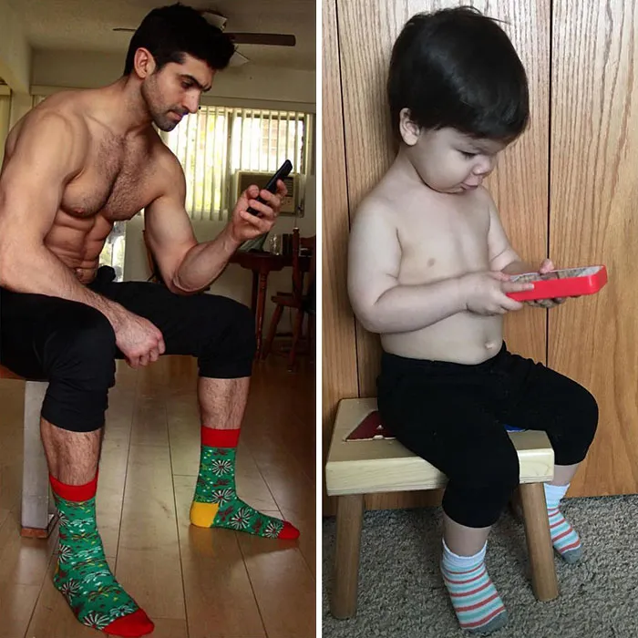 Esta madre sigue burlándose de su hermano modelo haciendo que su bebé recree sus poses con un resultado tan divertido como adorable