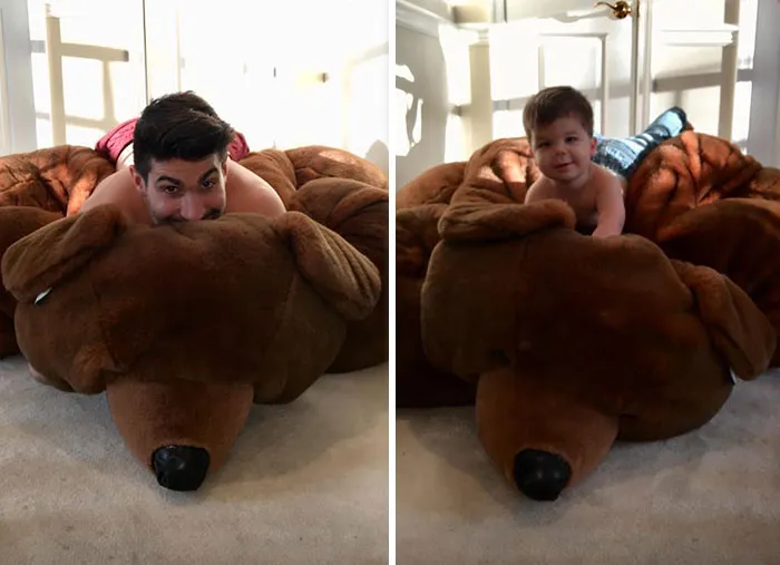 Esta madre sigue burlándose de su hermano modelo haciendo que su bebé recree sus poses con un resultado tan divertido como adorable
