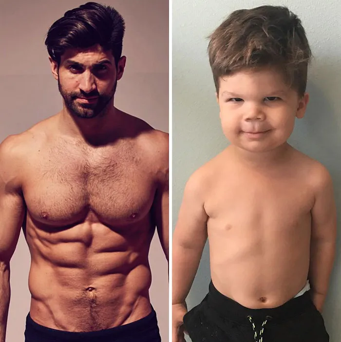 Esta madre sigue burlándose de su hermano modelo haciendo que su bebé recree sus poses con un resultado tan divertido como adorable