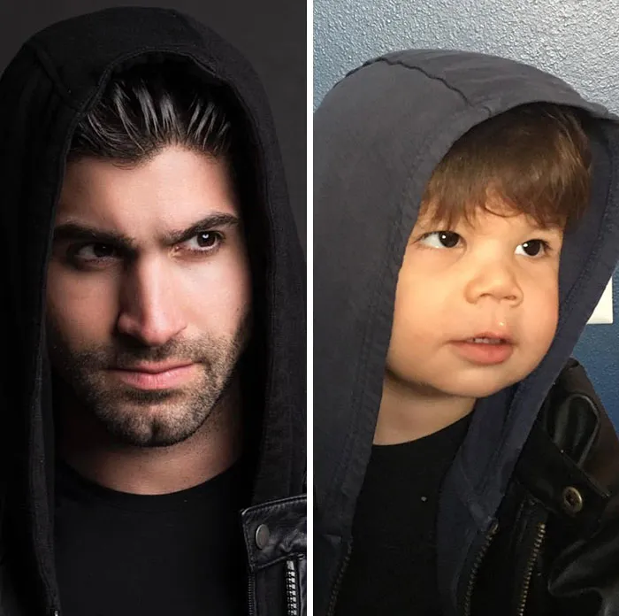 Esta madre sigue burlándose de su hermano modelo haciendo que su bebé recree sus poses con un resultado tan divertido como adorable