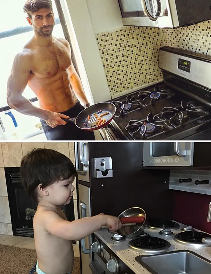 Esta madre sigue burlándose de su hermano modelo haciendo que su bebé recree sus poses con un resultado tan divertido como adorable
