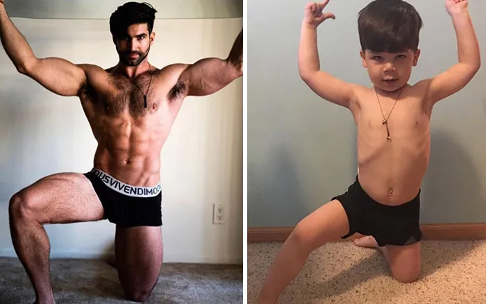 Esta madre sigue burlándose de su hermano modelo haciendo que su bebé recree sus poses con un resultado tan divertido como adorable