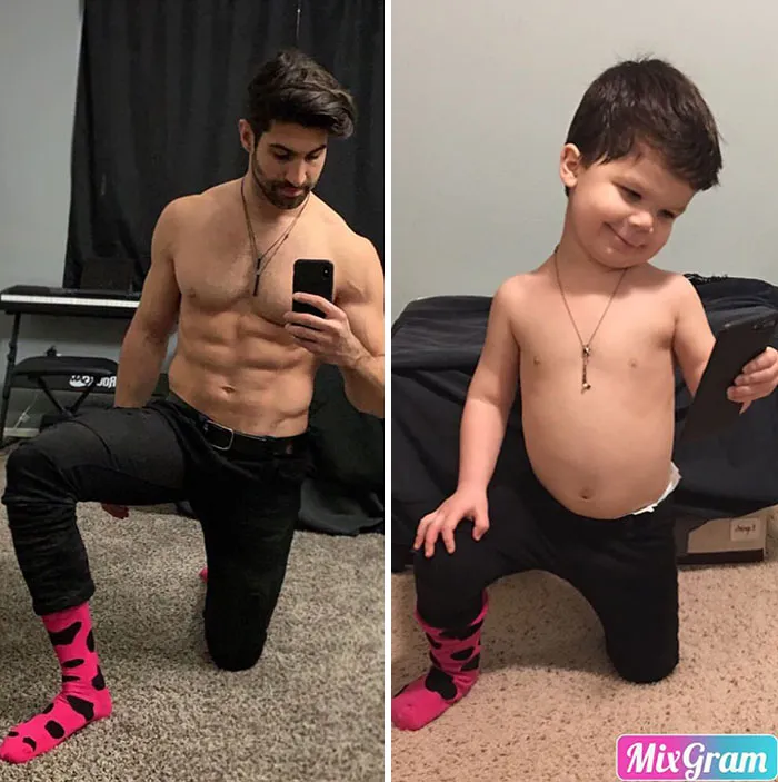 Esta madre sigue burlándose de su hermano modelo haciendo que su bebé recree sus poses con un resultado tan divertido como adorable