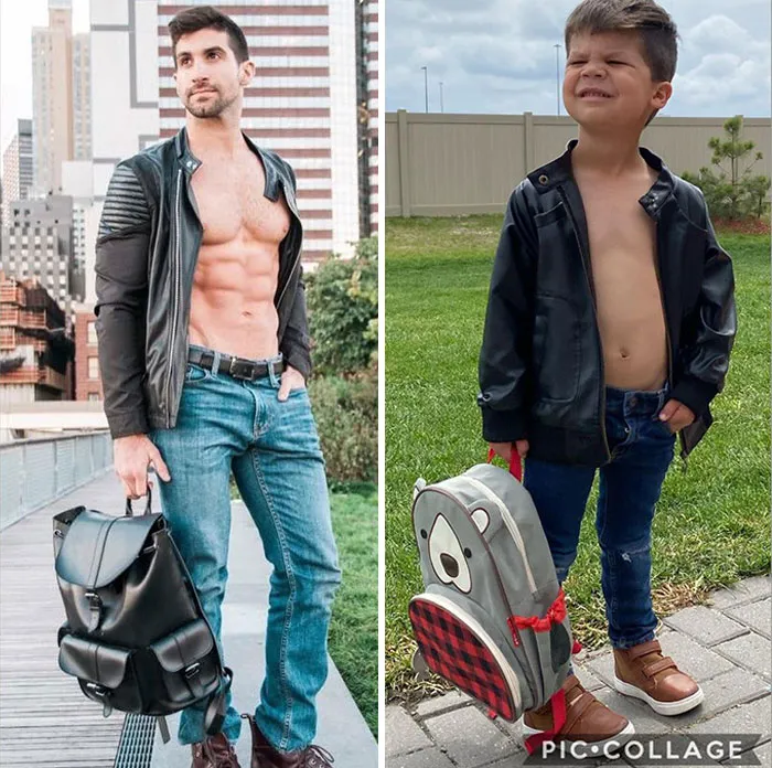 Esta madre sigue burlándose de su hermano modelo haciendo que su bebé recree sus poses con un resultado tan divertido como adorable