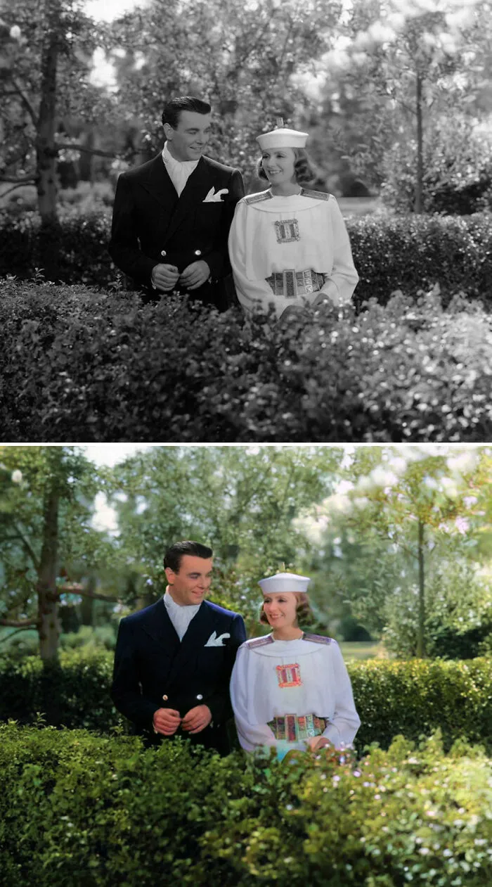 Black and colorized images of Golden Age of Hollywood celebrities standing in a garden with greenery around them.