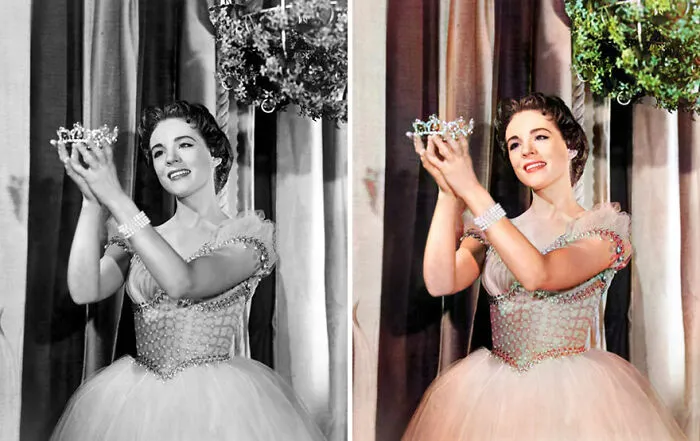 Black and colorized side-by-side image of a Golden Age Hollywood celebrity holding a crown using AI colorization.