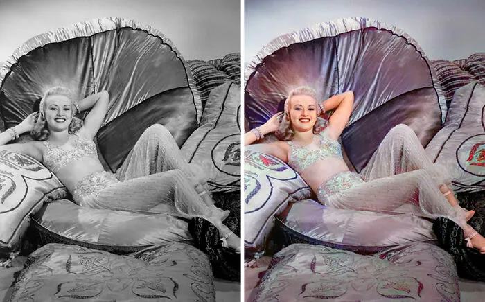 Black and white and colorized image of a Golden Age of Hollywood celebrity reclining on a large shell-shaped chair using AI.