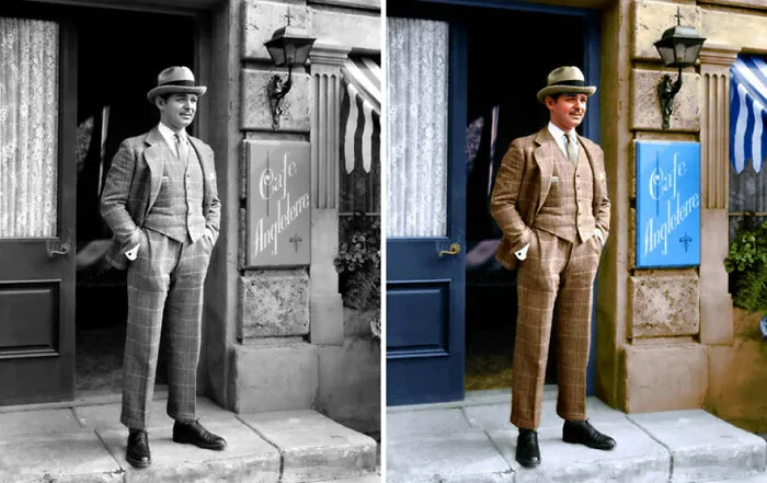 Side-by-side black and colorized image of a classic Hollywood celebrity standing outside a cafe, showcasing AI colorization.