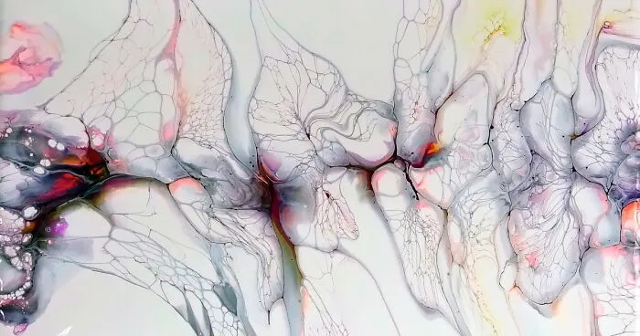 I Made The Webbing Effect With Satin Varnish Using Acrylic Pour Painting Techniques
