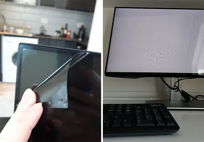 Arranqué lo que pensé que era el plástico protector de un nuevo monitor. Era la película polarizante