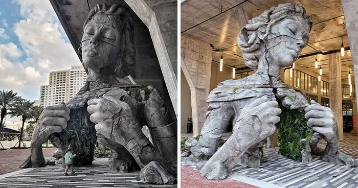 Giant Sculpture Of A Woman Opening Her Chest To Reveal A Fern-Covered Tunnel Appears In Florida