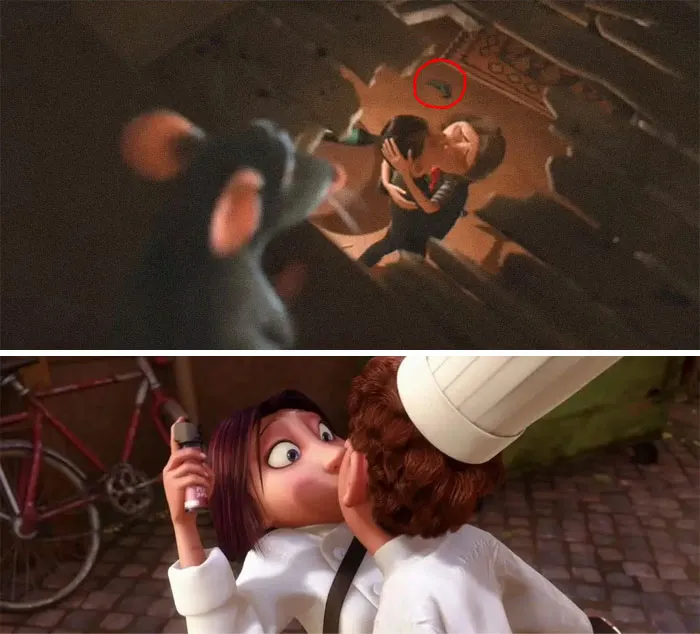 When Remy Explores The Apartment Building, He Sees A Woman Pointing A Gun At A Man. A Moment Later, They End Up Kissing. Later On, When Colette Is About To Mace Linguini, Remy Makes Him Go In For A Kiss