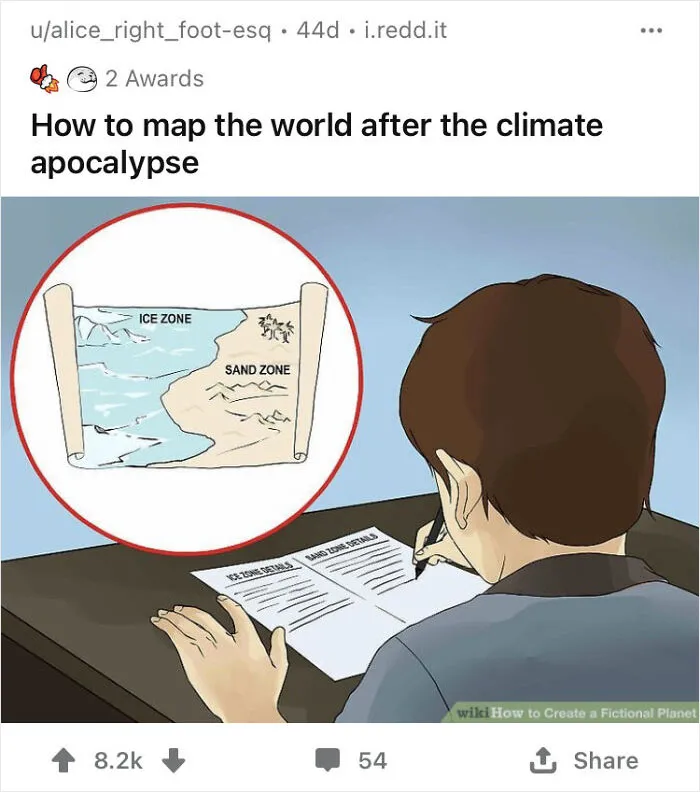 Person maps ice and sand zones in a humorous WikiHow image with added funny caption.