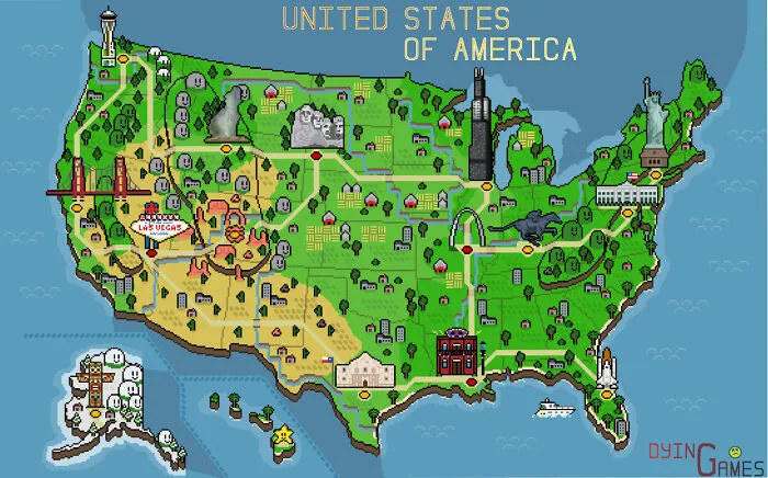 I Made A Retro Pixel Map Of The USA! Tried To Include Some Of The Iconic Monuments/Locations That Resonated With Me