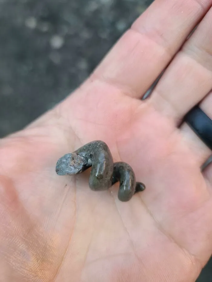 Pequeño, duro y esmaltado. Encontrado a más de 1 metro de profundidad bajo el lecho de un río en Virginia