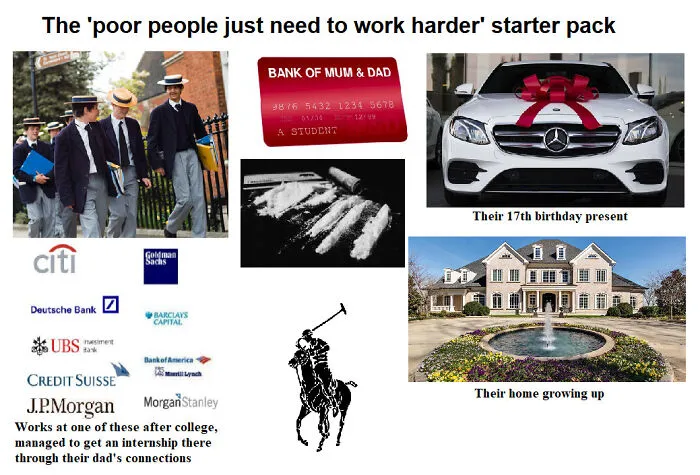 Starter pack meme featuring luxury items, elite education, and networking, humorously critiquing privilege.