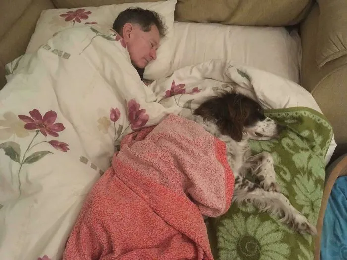Padre durmiendo en el sofá cama con el perro, porque ya es mayor y no puede subir las escaleras. Así no se queda solo