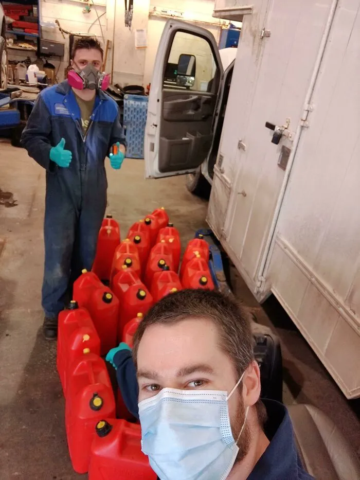 Customer Complains Of Fuel Smell. This Is Half Of The Gas Cans He Has In The Back