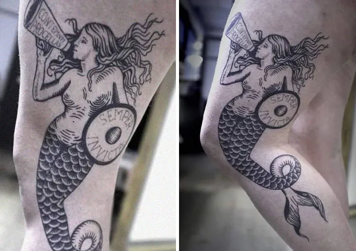 Creative tattoo of a mermaid on a leg, transforming as the knee bends.
