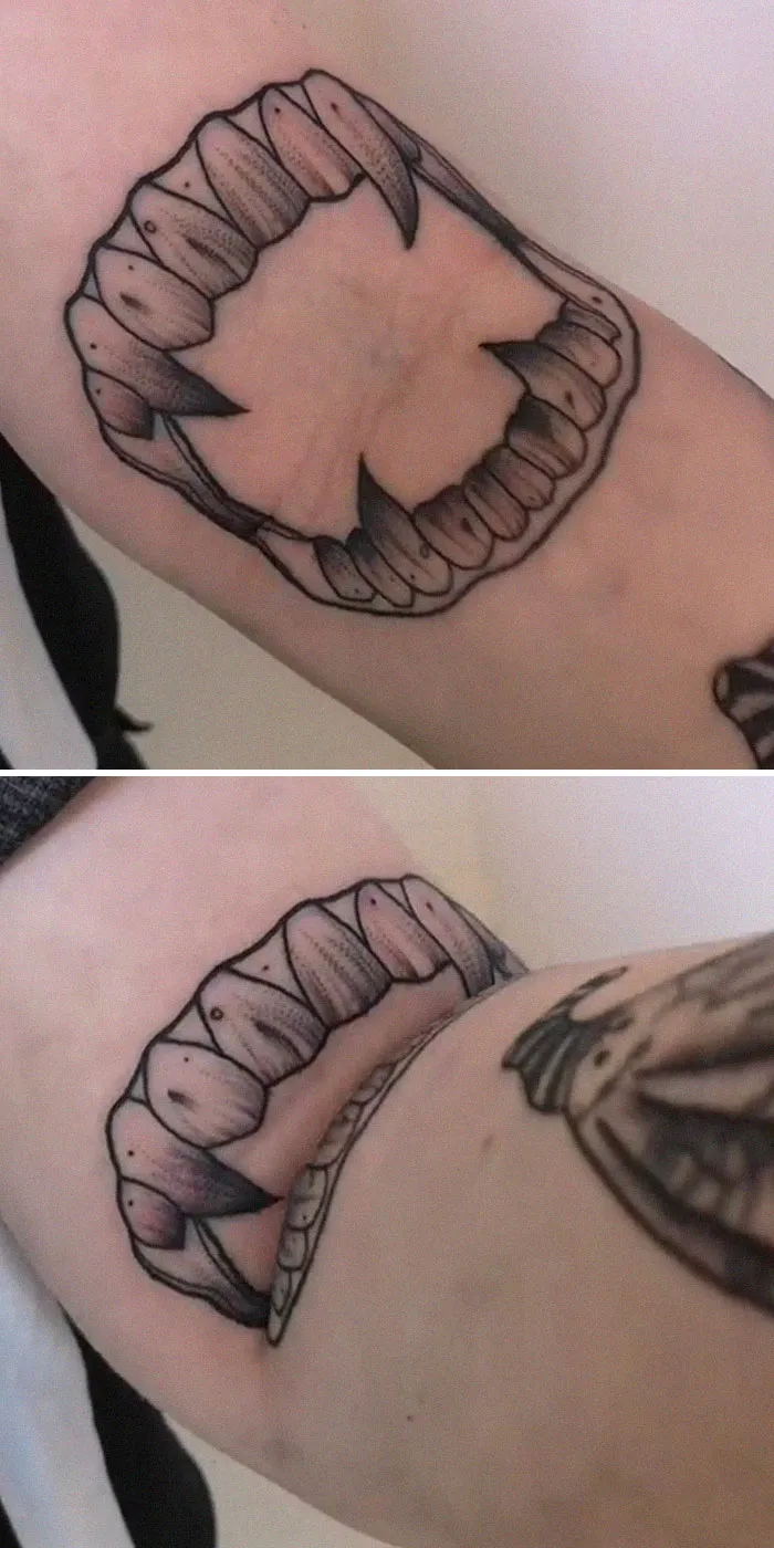 Creative tattoo showing shark teeth that transform as the arm bends.