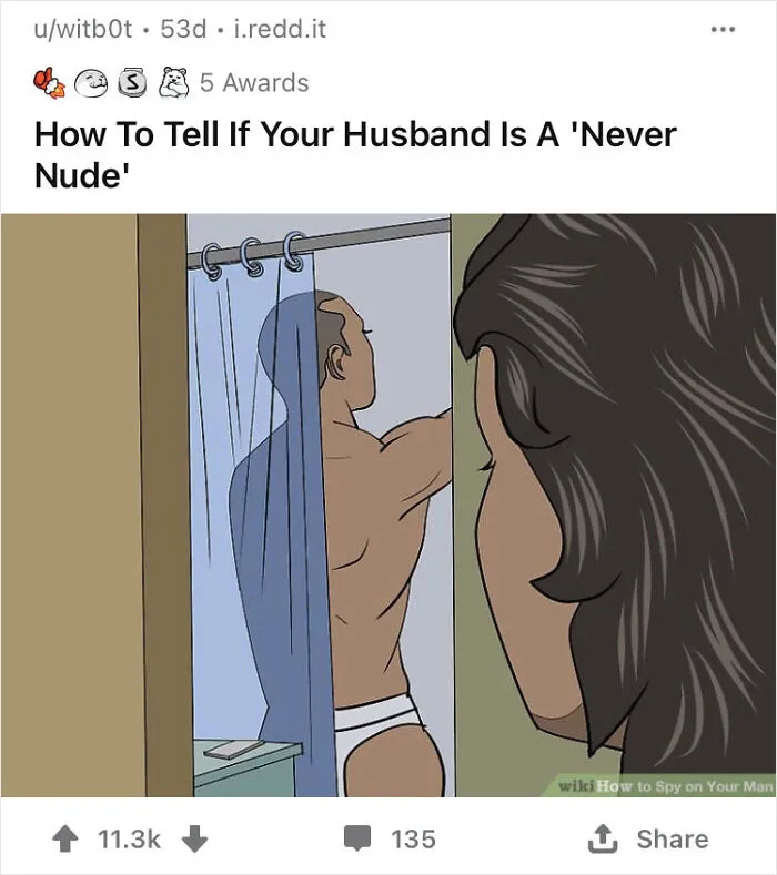 WikiHow image with a humorous caption about a man never being nude in the shower.