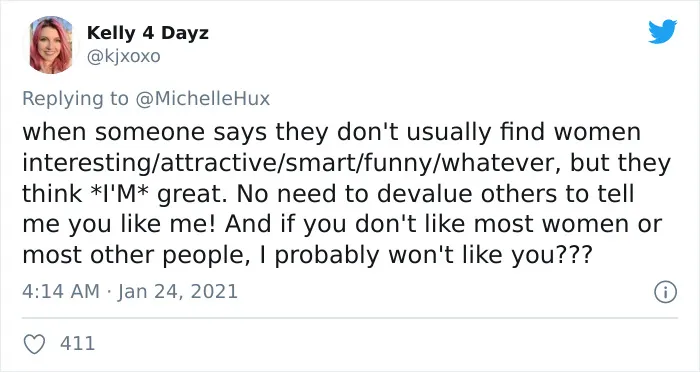 kjxoxo tweets about they don't ussually find women interesting as red flag in relationship