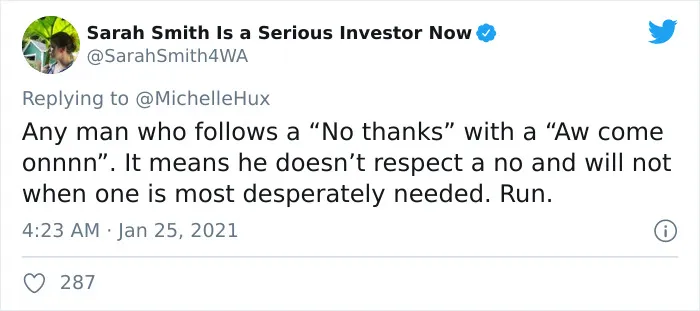 SarahSmith4WA tweets about man who follows a no thanks as red flag in relationship