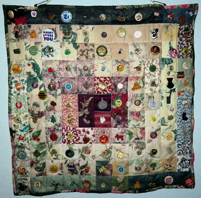 Two Inch Wallpaper Fabric Squares, Spiraling In, With The History Of My Life Attached. From Milk Delivery, I Like Ike To Covid, Good And Bad.